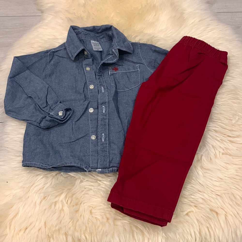 Carter’s Denim Button-Down Shirt and Casual Maroon Pants in 24M